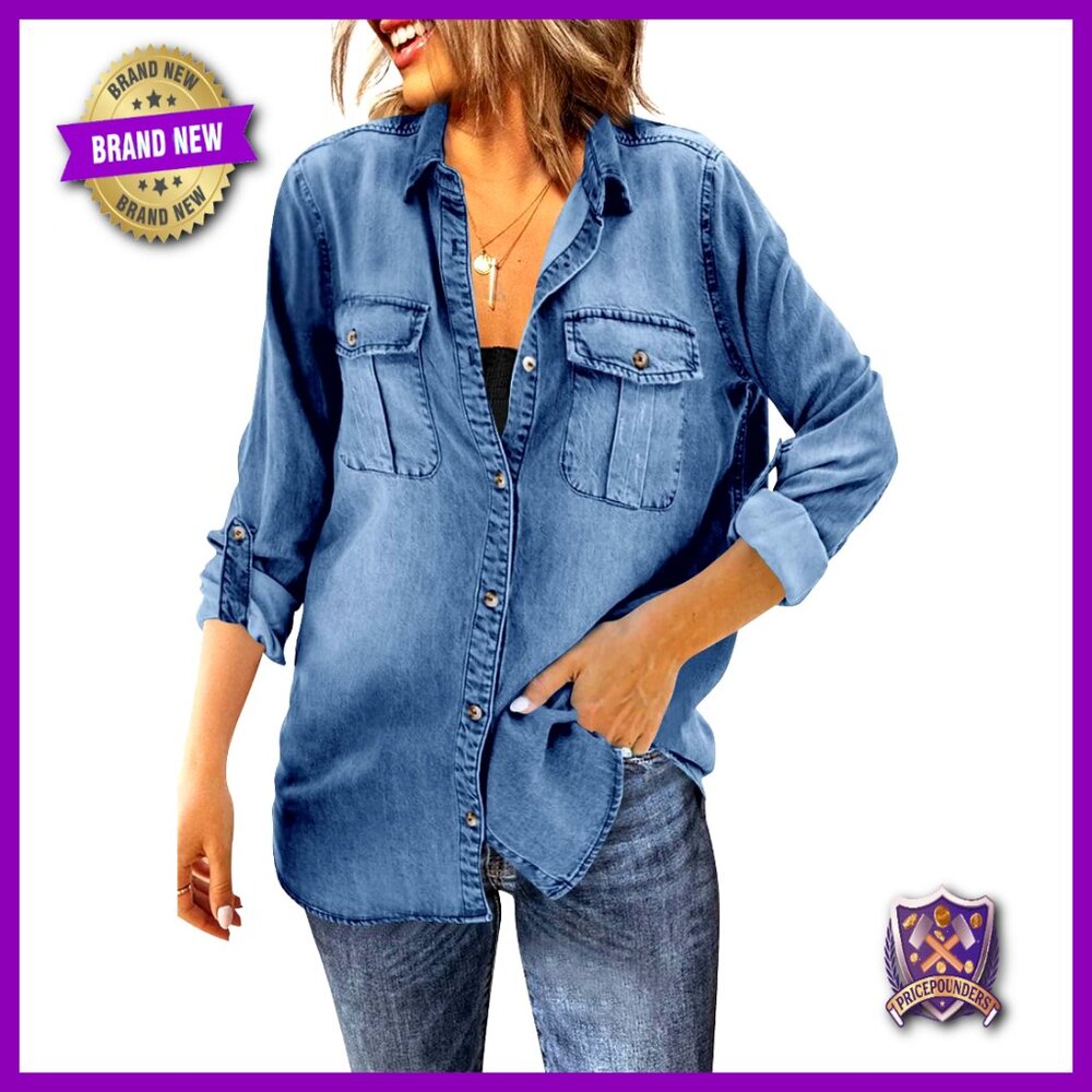 Oversized Denim Shirt Jacket Distressed Button Down Long Sleeve Tunic Top